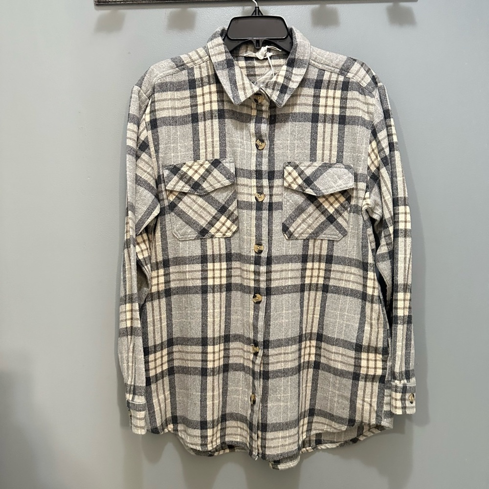 beachlunchlounge Women’s Easton Plaid Micro Chip Button Up Shirt Jacket NWT